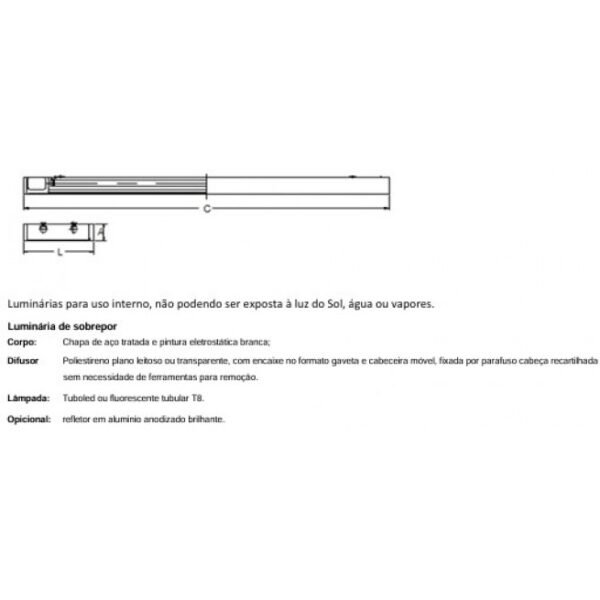 Luminária slim 2×18 20w t8 sobrepor com difusor leitoso sem lampada