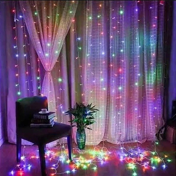 Cortina 200 leds, 8 funções, 2*1m, prova d’água, conector m/f cabo 2,2mm, fio transparente – 220v