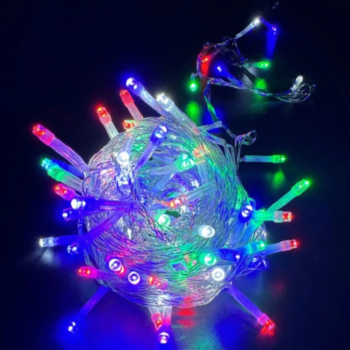 Pisca Pisca 10m, 8 Funções, uso interno - Fio transparente e led colorido 220v